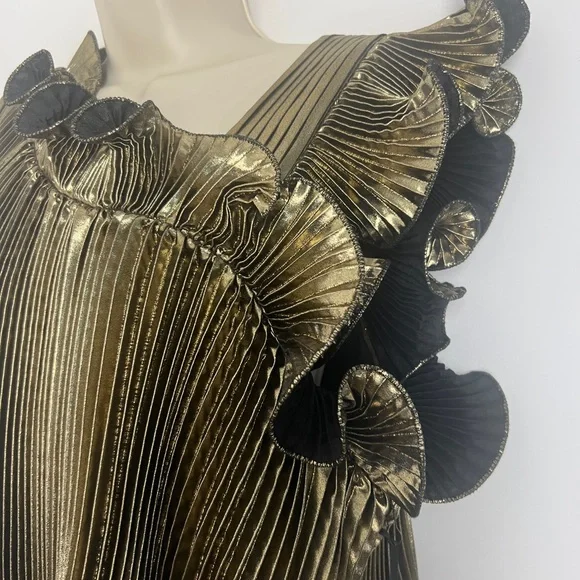 NEW Halogen X Atlantic-Pacific Large Pleated Asymmetrical Gold Black Lame Blouse - Picture 6 of 16